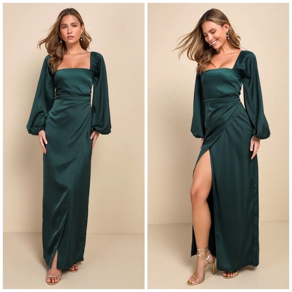 LULUS Eternal Heart Emerald Green Satin Long Sleeve Maxi Dress - Picture 1 of 7